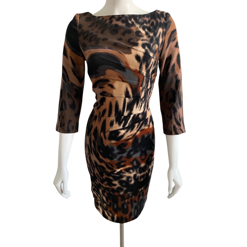 Animal Print Sheath Dress 6 Brown Leopard Ruched 3/4 Sleeve‎